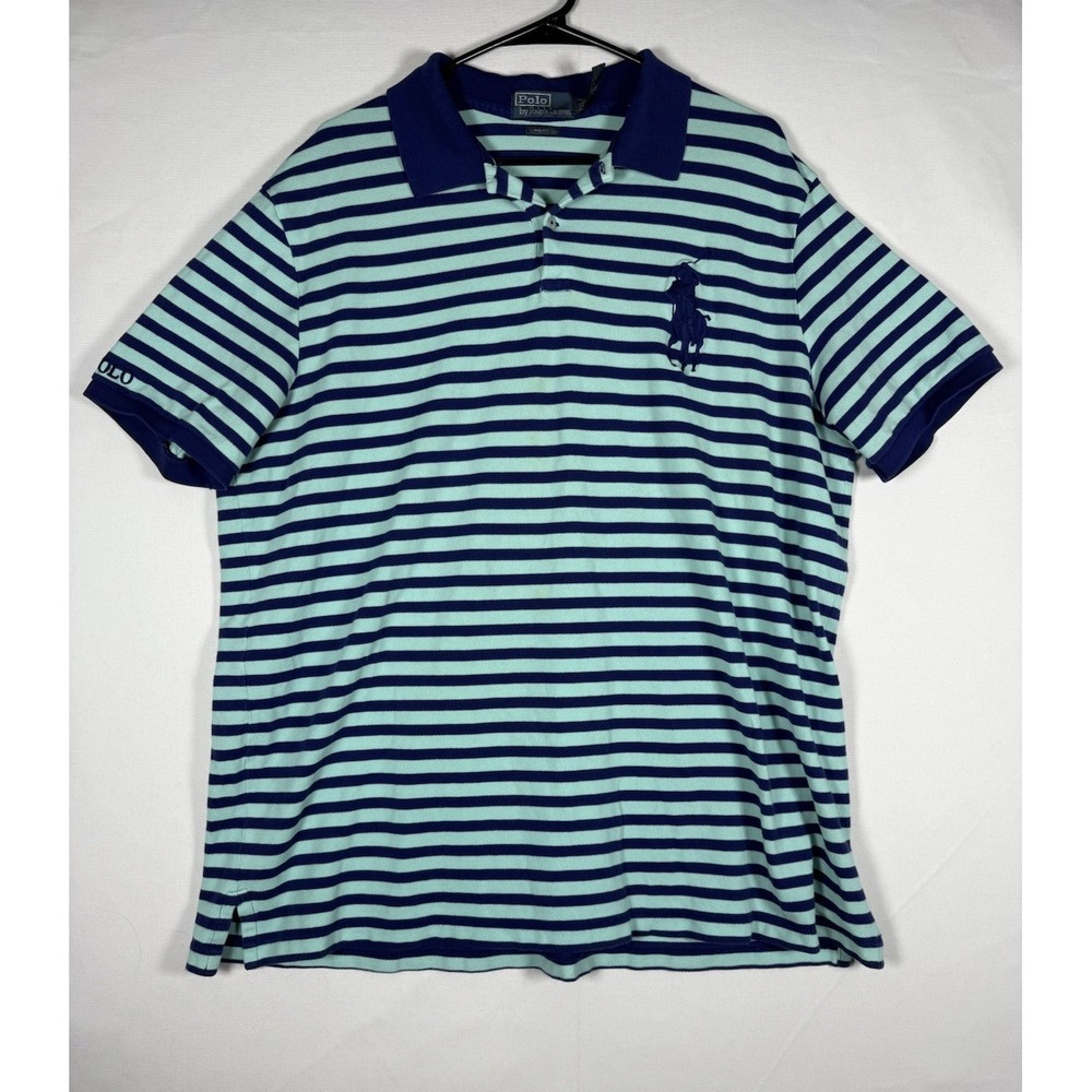 VTG Polo Ralph Lauren Big Pony Shirt Mens XXL Blue Pro Fit Striped Spellout S/S